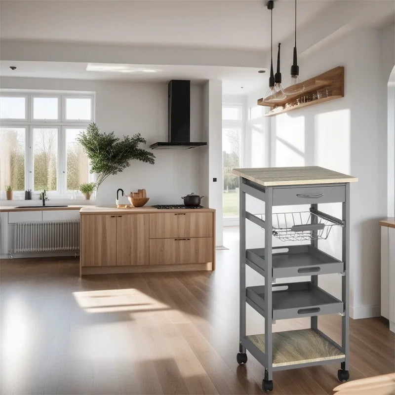 Îlot de cuisine mobile avec tiroir et panier coulissant