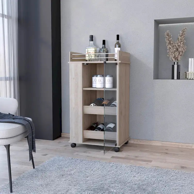 Dessertes de bar en verre avec porte-bouteilles et roulettes Gris clair