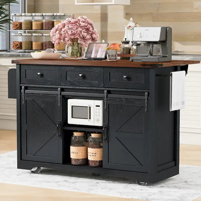53.7-Inch Farmhouse Rolling Kitchen Island Cart with Drop Leaf and Sliding Barn Doors