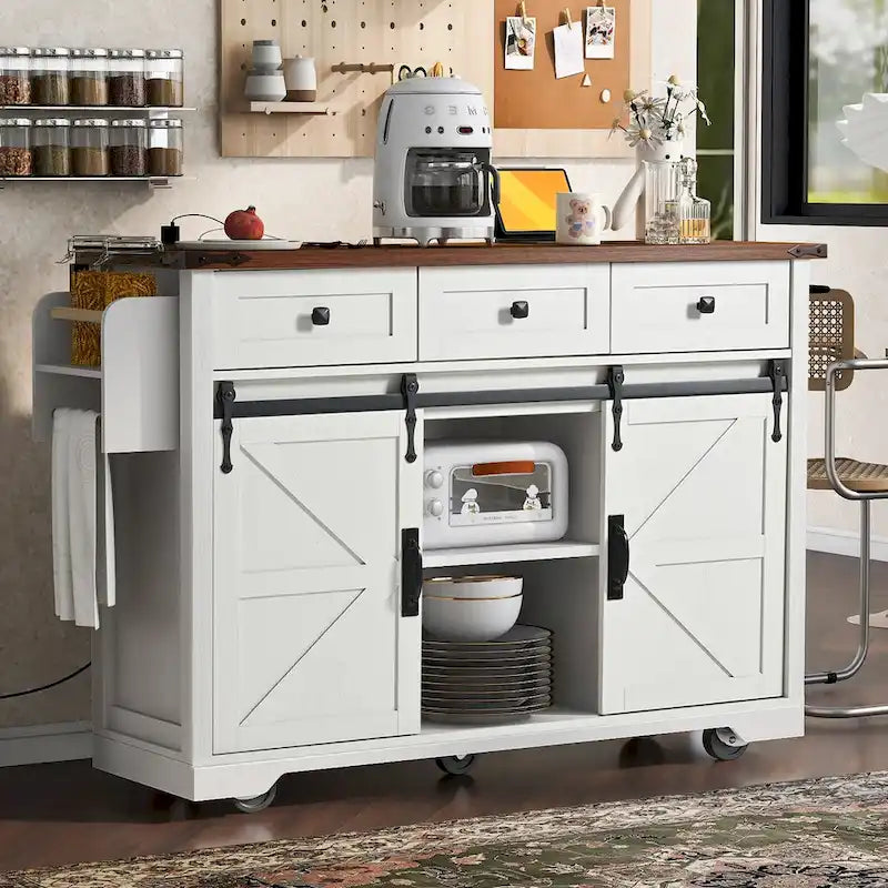 53.7-Inch Farmhouse Rolling Kitchen Island Cart with Drop Leaf and Sliding Barn Doors