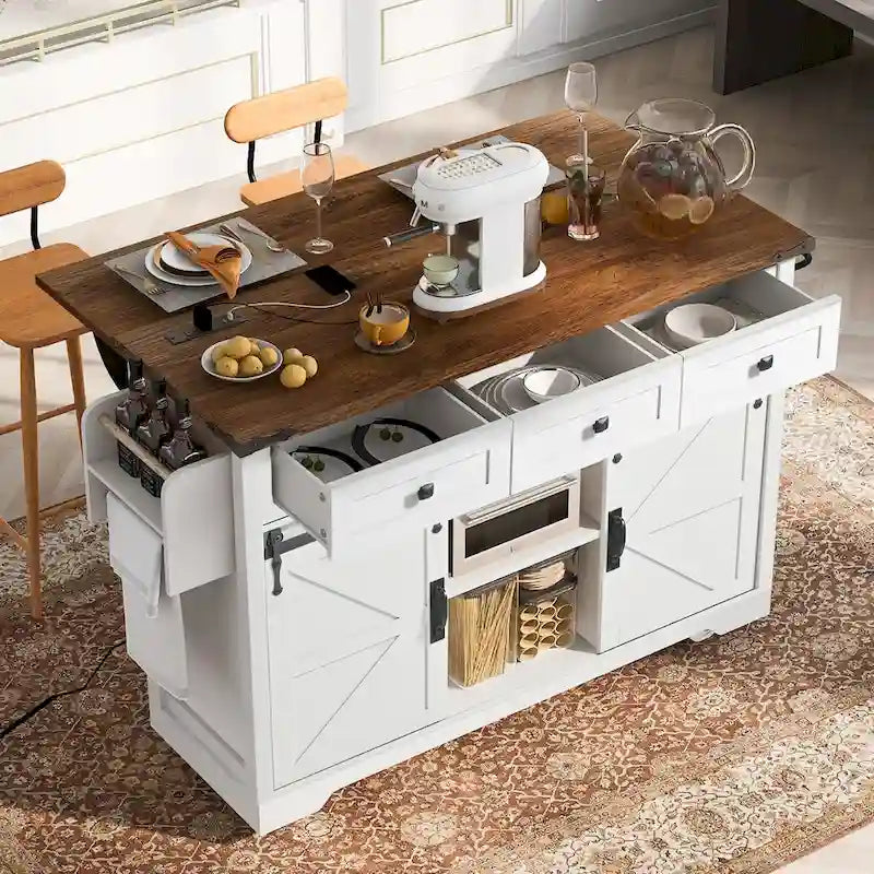 53.7-Inch Farmhouse Rolling Kitchen Island Cart with Drop Leaf and Sliding Barn Doors