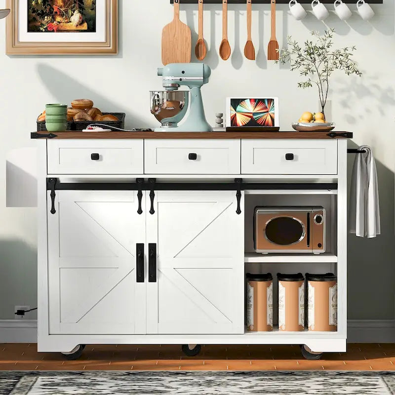 53.7-Inch Farmhouse Rolling Kitchen Island Cart with Drop Leaf and Sliding Barn Doors