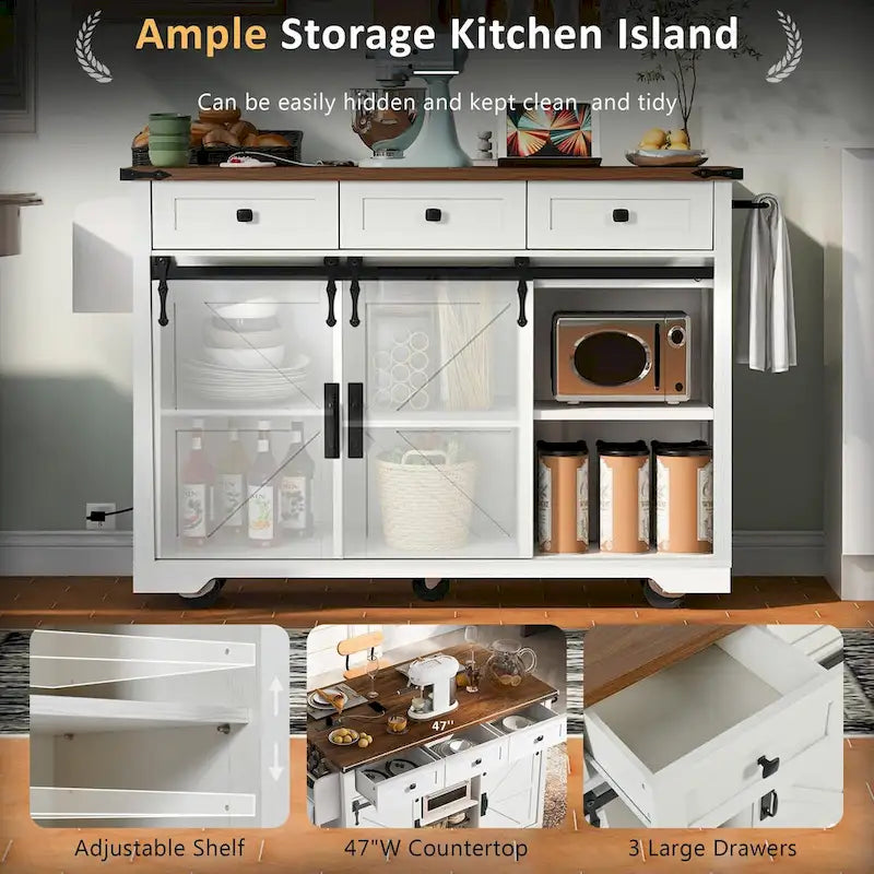 53.7-Inch Farmhouse Rolling Kitchen Island Cart with Drop Leaf and Sliding Barn Doors