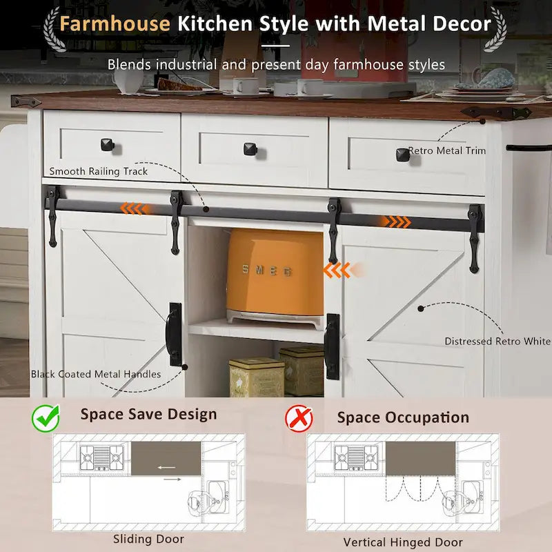 53.7-Inch Farmhouse Rolling Kitchen Island Cart with Drop Leaf and Sliding Barn Doors
