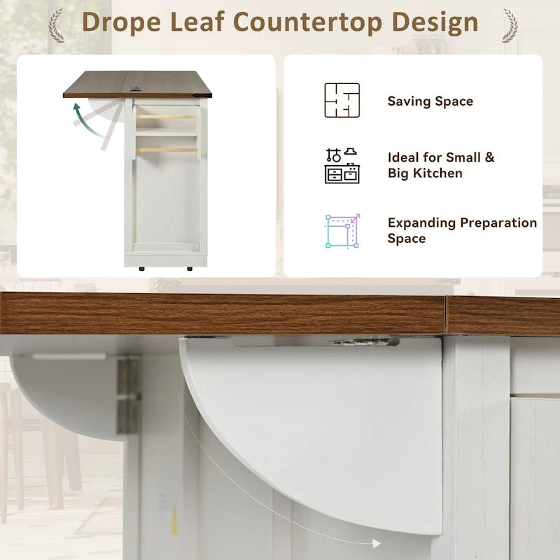 53.7-Inch Farmhouse Rolling Kitchen Island Cart with Drop Leaf and Sliding Barn Doors