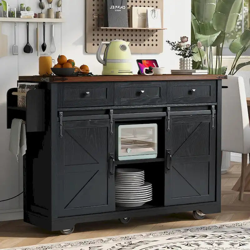 53.7-Inch Farmhouse Rolling Kitchen Island Cart with Drop Leaf and Sliding Barn Doors
