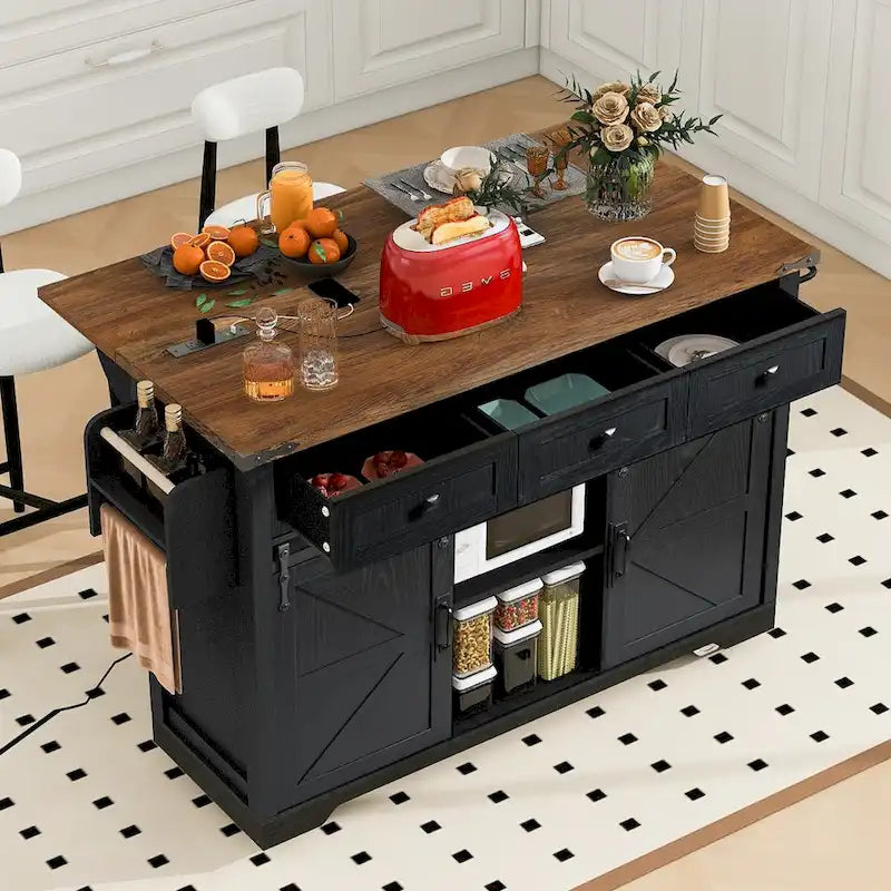 53.7-Inch Farmhouse Rolling Kitchen Island Cart with Drop Leaf and Sliding Barn Doors