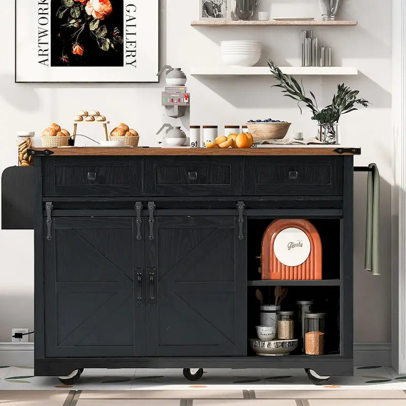 53.7-Inch Farmhouse Rolling Kitchen Island Cart with Drop Leaf and Sliding Barn Doors