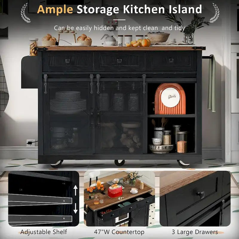 53.7-Inch Farmhouse Rolling Kitchen Island Cart with Drop Leaf and Sliding Barn Doors