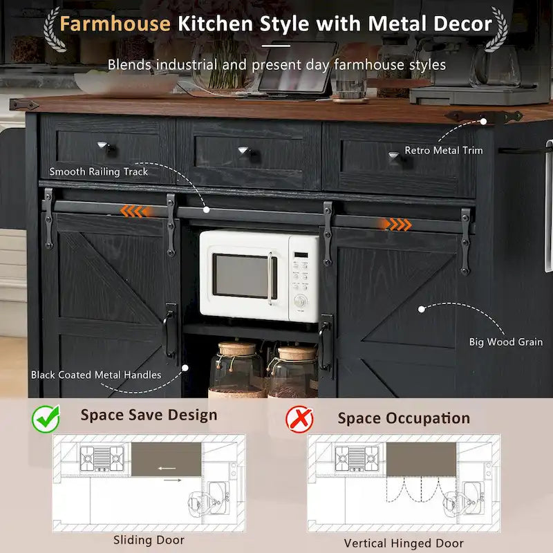 53.7-Inch Farmhouse Rolling Kitchen Island Cart with Drop Leaf and Sliding Barn Doors
