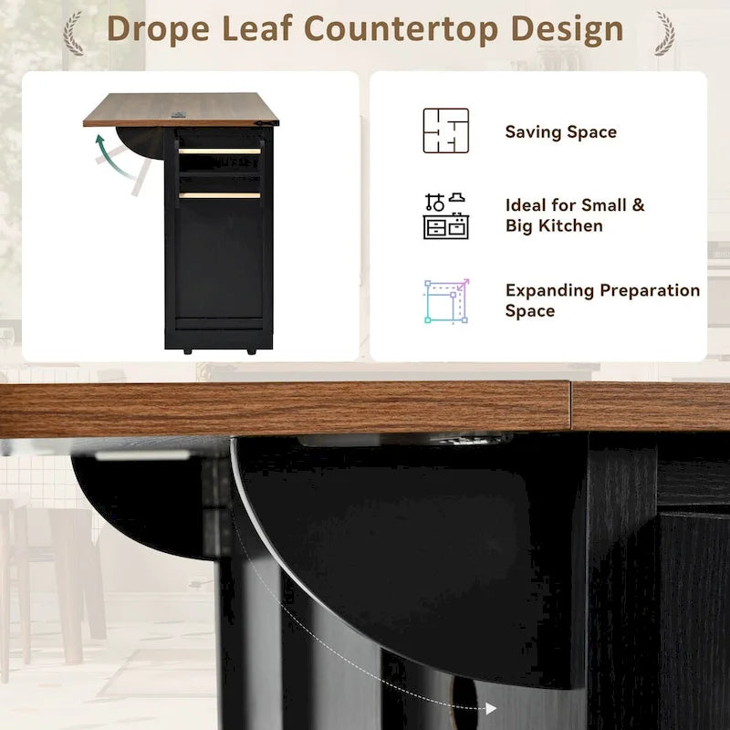 53.7-Inch Farmhouse Rolling Kitchen Island Cart with Drop Leaf and Sliding Barn Doors
