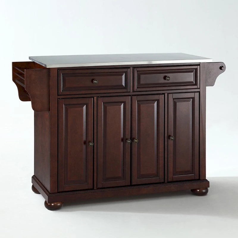 Îlot de cuisine avec plateau en acier inoxydable, finition acajou, style traditionnel