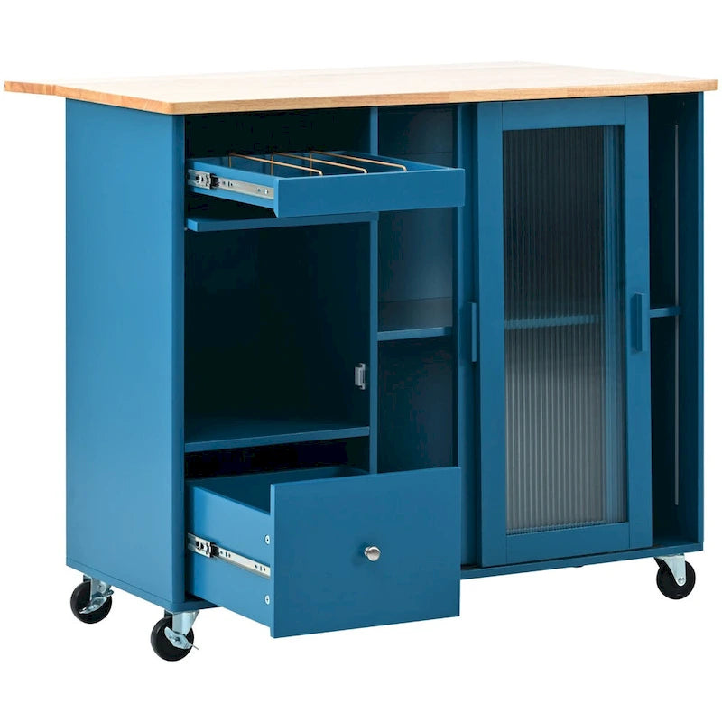 Chariot de cuisine roulant avec portes coulissantes en verre, éclairage LED, plateau rabattable et 5 roulettes