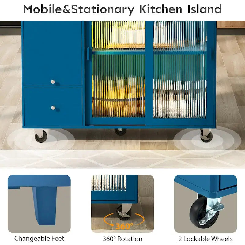 Chariot de cuisine roulant avec portes coulissantes en verre, éclairage LED, plateau rabattable et 5 roulettes