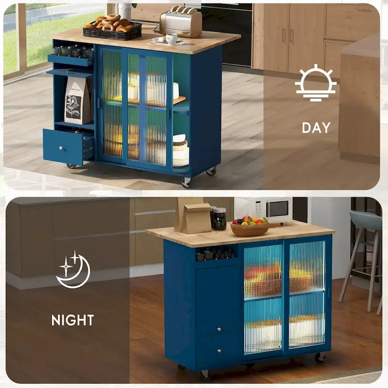 Chariot de cuisine roulant avec portes coulissantes en verre, éclairage LED, plateau rabattable et 5 roulettes
