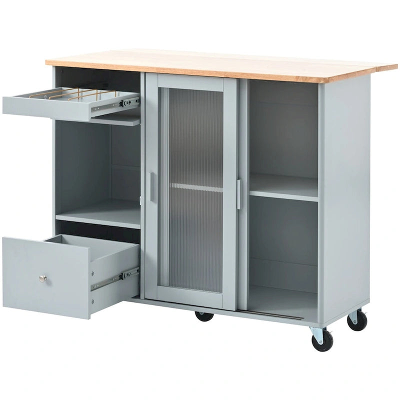 Chariot de cuisine roulant avec portes coulissantes en verre, éclairage LED, plateau rabattable et 5 roulettes
