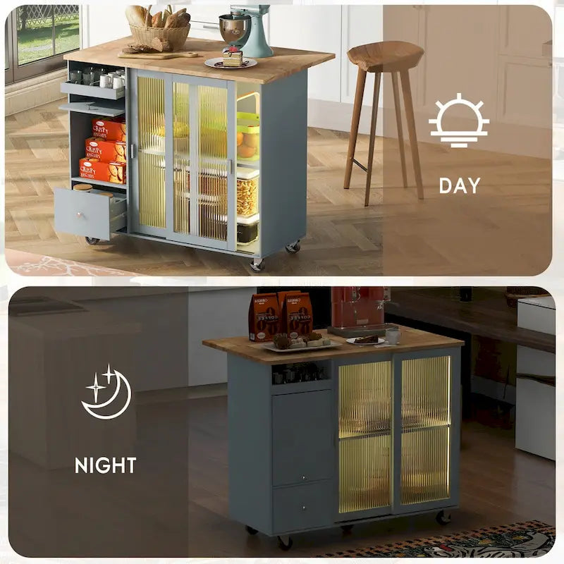 Chariot de cuisine roulant avec portes coulissantes en verre, éclairage LED, plateau rabattable et 5 roulettes