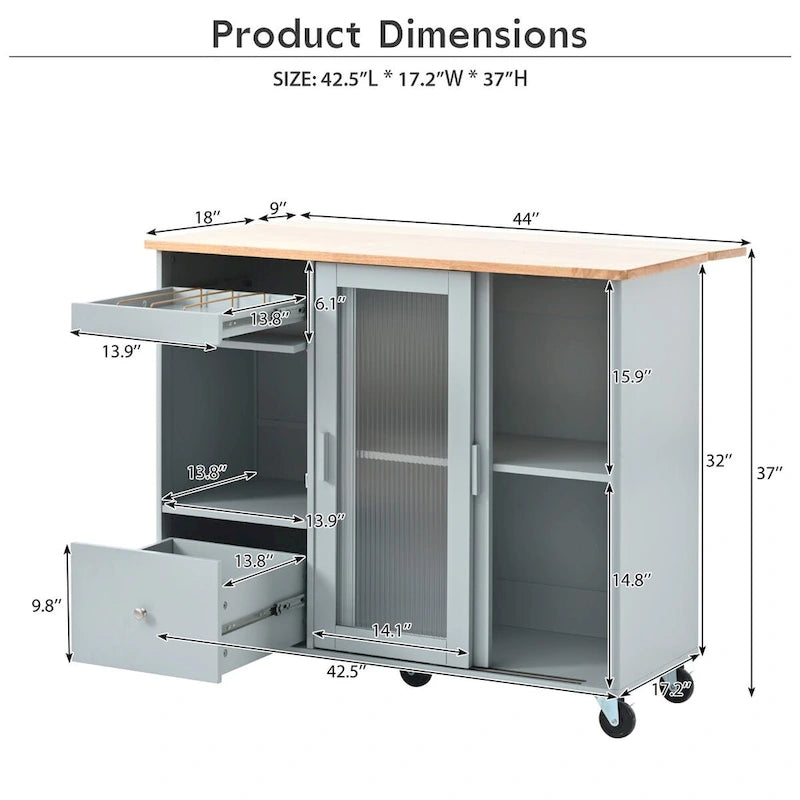 Chariot de cuisine roulant avec portes coulissantes en verre, éclairage LED, plateau rabattable et 5 roulettes