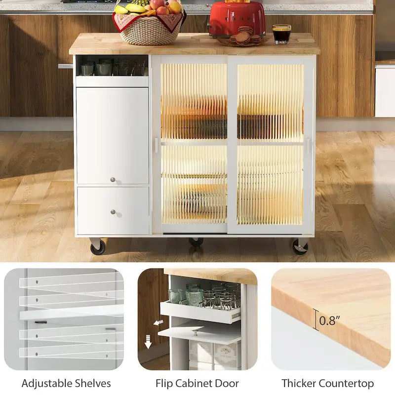 Chariot de cuisine roulant avec portes coulissantes en verre, éclairage LED, plateau rabattable et 5 roulettes