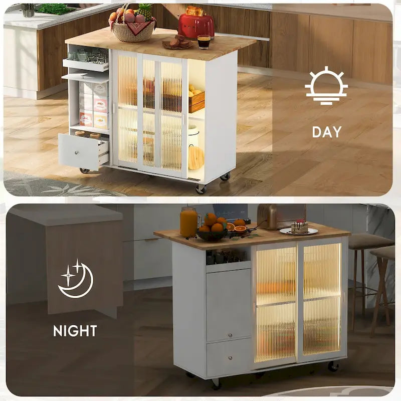 Chariot de cuisine roulant avec portes coulissantes en verre, éclairage LED, plateau rabattable et 5 roulettes