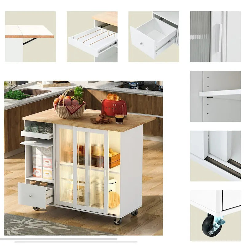 Chariot de cuisine roulant avec portes coulissantes en verre, éclairage LED, plateau rabattable et 5 roulettes