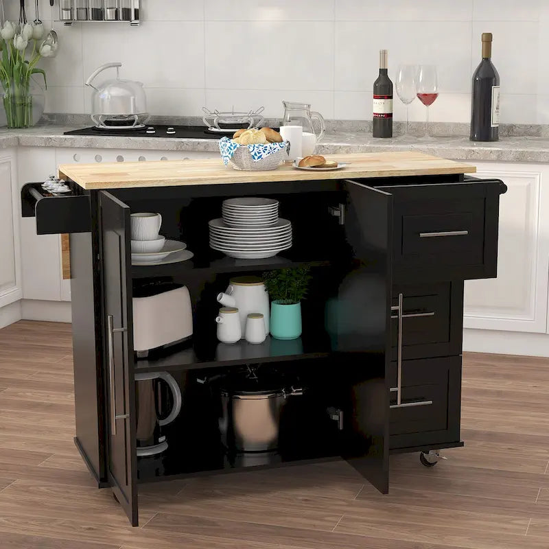 Desserte de cuisine roulante avec étagère à épices, porte-serviettes et plateau extensible en bois massif
