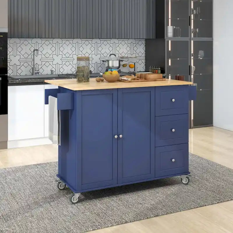 Îlot de cuisine mobile roulant avec plateau en bois rabattable, roues verrouillables et armoire de rangement