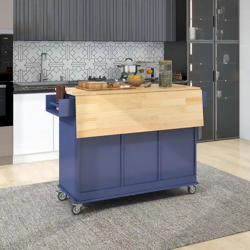 Îlot de cuisine mobile roulant avec plateau en bois rabattable, roues verrouillables et armoire de rangement
