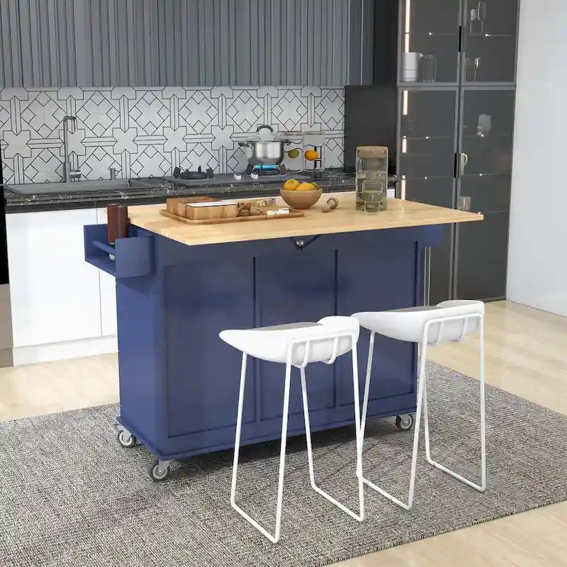 Îlot de cuisine mobile roulant avec plateau en bois rabattable, roues verrouillables et armoire de rangement