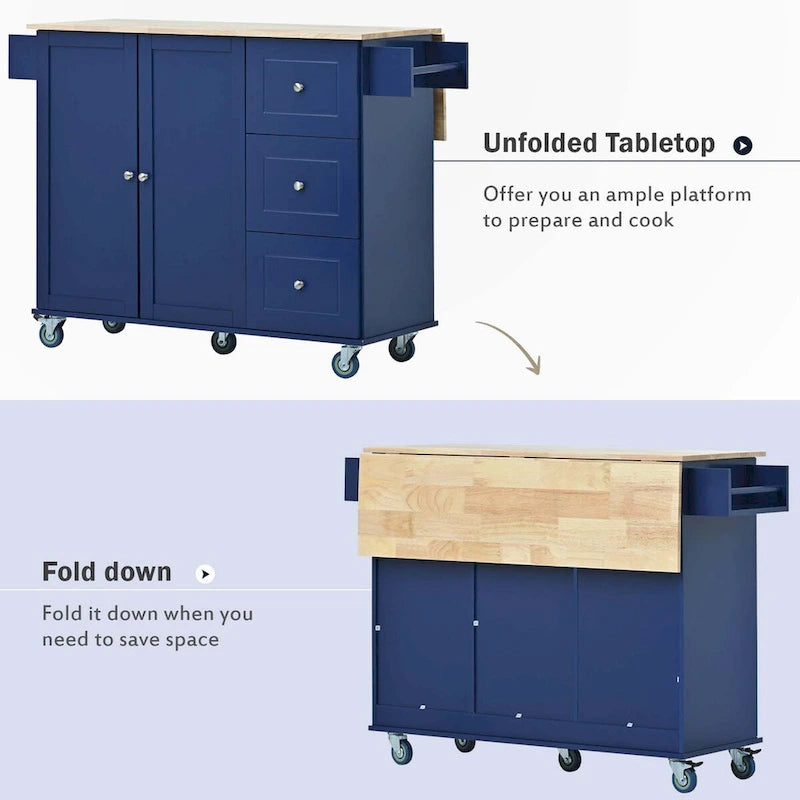 Îlot de cuisine mobile roulant avec plateau en bois rabattable, roues verrouillables et armoire de rangement