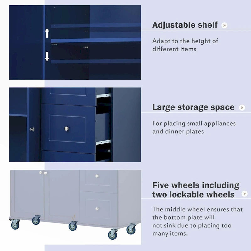 Îlot de cuisine mobile roulant avec plateau en bois rabattable, roues verrouillables et armoire de rangement