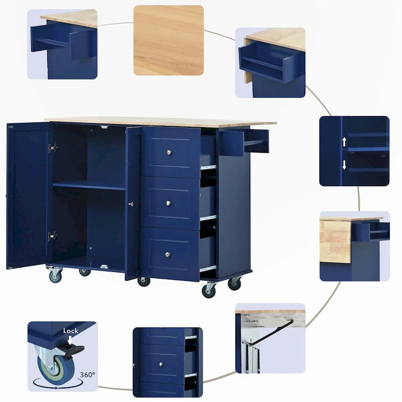Îlot de cuisine mobile roulant avec plateau en bois rabattable, roues verrouillables et armoire de rangement