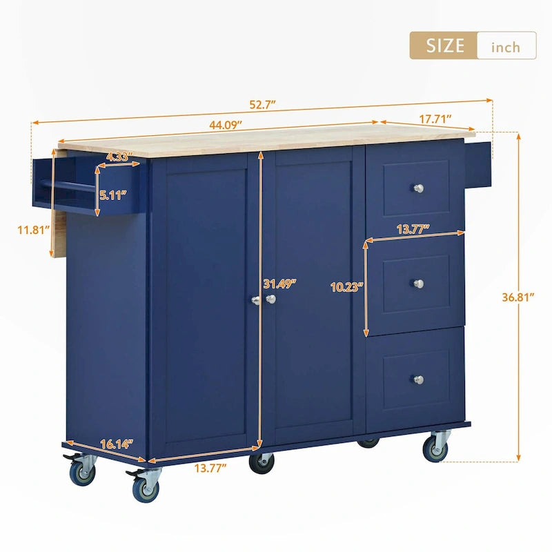 Îlot de cuisine mobile roulant avec plateau en bois rabattable, roues verrouillables et armoire de rangement