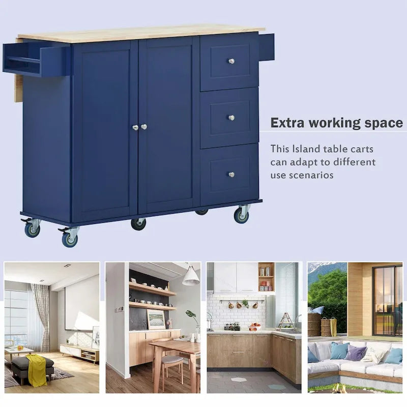Îlot de cuisine mobile roulant avec plateau en bois rabattable, roues verrouillables et armoire de rangement
