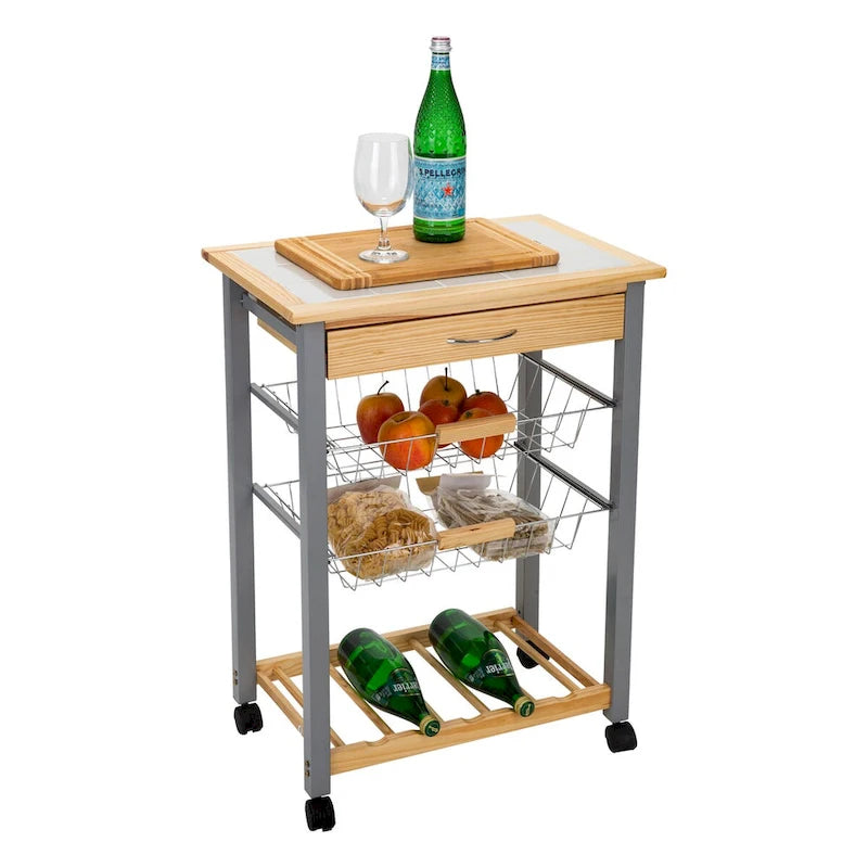 Rolling Kitchen Cart with Wine Rack, Drawer and Storage Baskets