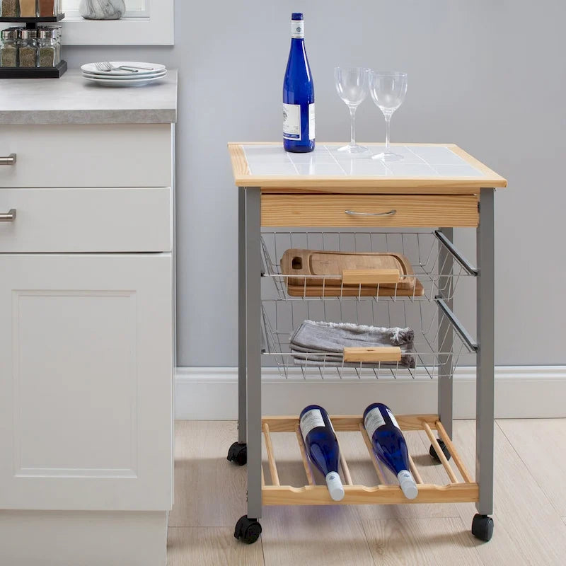 Rolling Kitchen Cart with Wine Rack, Drawer and Storage Baskets