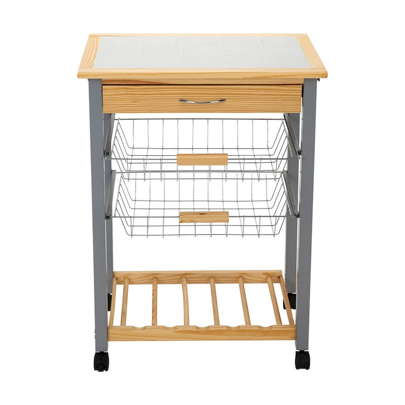 Rolling Kitchen Cart with Wine Rack, Drawer and Storage Baskets