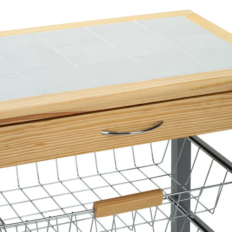 Rolling Kitchen Cart with Wine Rack, Drawer and Storage Baskets