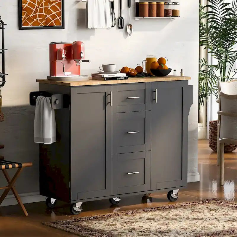 50 in. W Kitchen Island with 3 Drawer, 2 Slide-Out Shelf and Internal Storage Rack