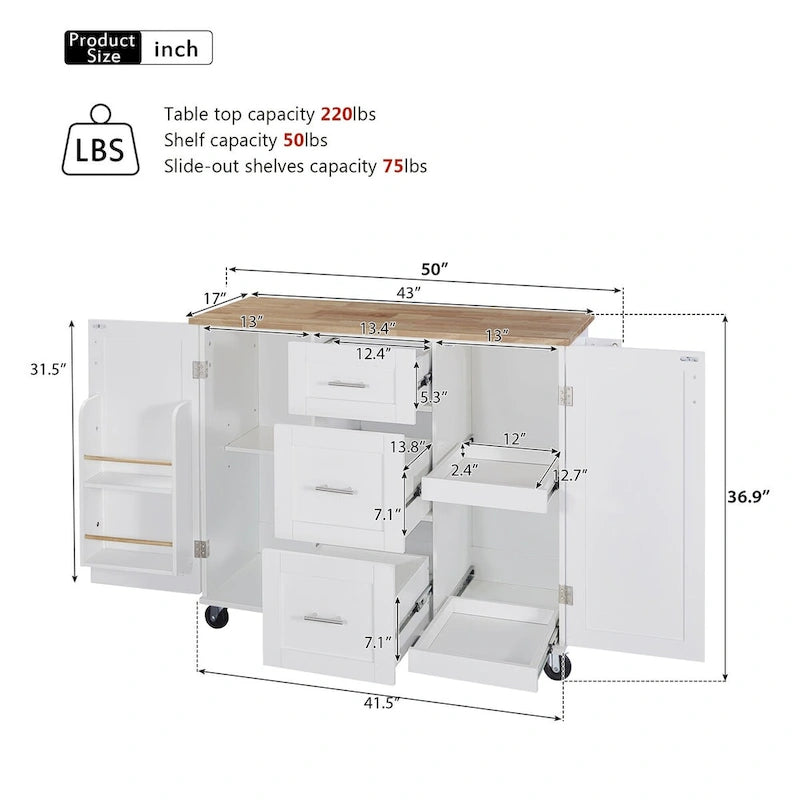 50 in. W Kitchen Island with 3 Drawer, 2 Slide-Out Shelf and Internal Storage Rack