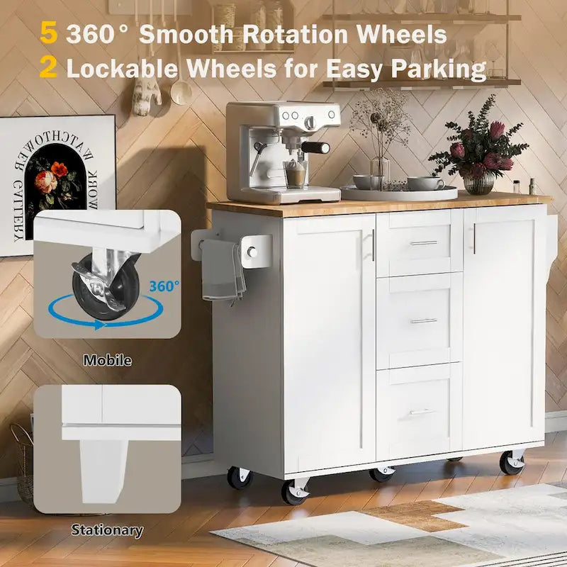50 in. W Kitchen Island with 3 Drawer, 2 Slide-Out Shelf and Internal Storage Rack