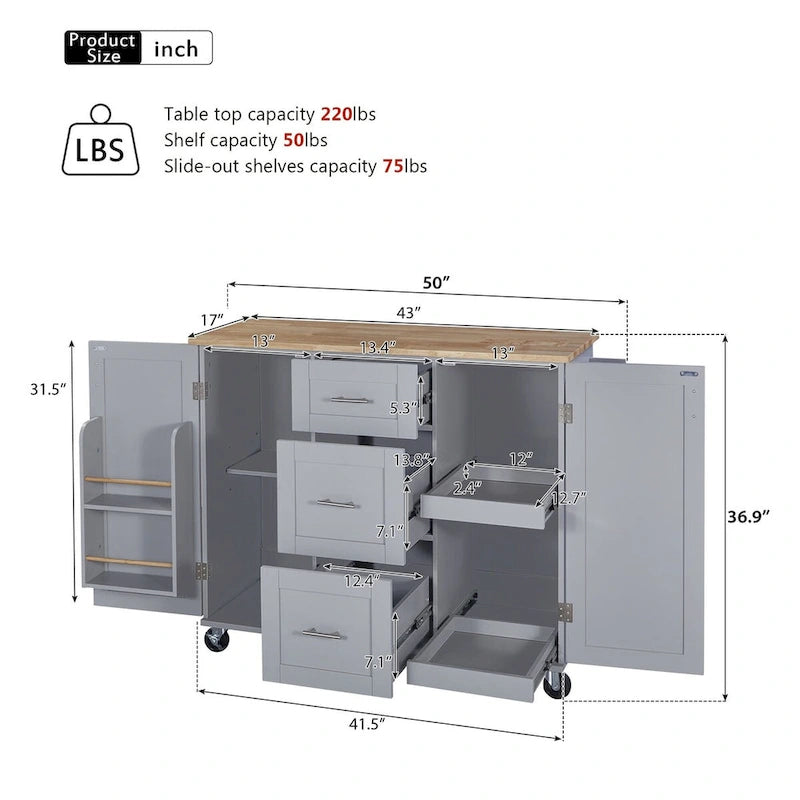 50 in. W Kitchen Island with 3 Drawer, 2 Slide-Out Shelf and Internal Storage Rack