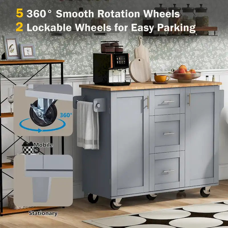 50 in. W Kitchen Island with 3 Drawer, 2 Slide-Out Shelf and Internal Storage Rack