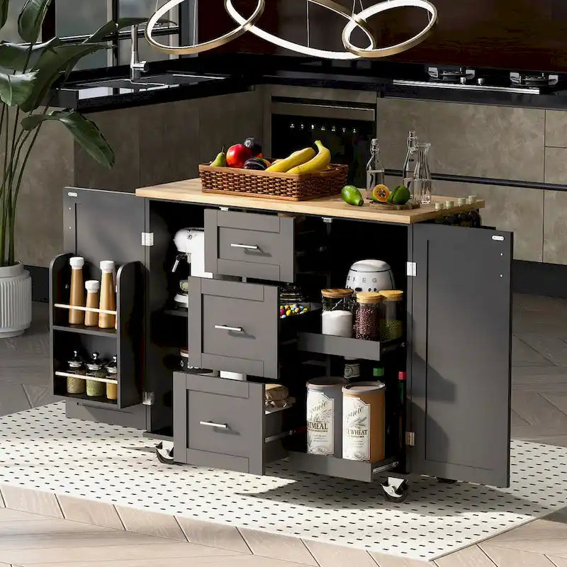 50 in. W Kitchen Island with 3 Drawer, 2 Slide-Out Shelf and Internal Storage Rack