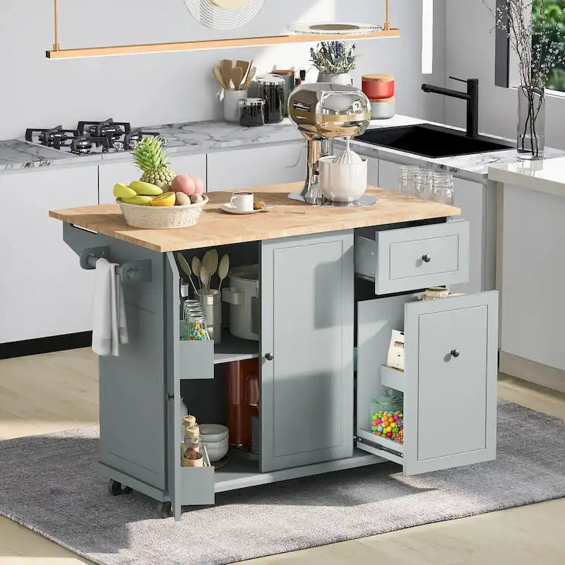 Kitchen Island with Drop Leaf, Rolling Cart on Wheels with Storage Rack and 3 Tier Pull Out Cabinet Organizer with Spice Rack
