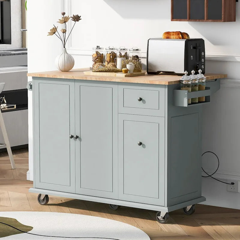 Rolling Kitchen Island with Drop Leaf, Storage Rack, Spice Rack and 3-Tier Pull-Out Cabinet Organizer