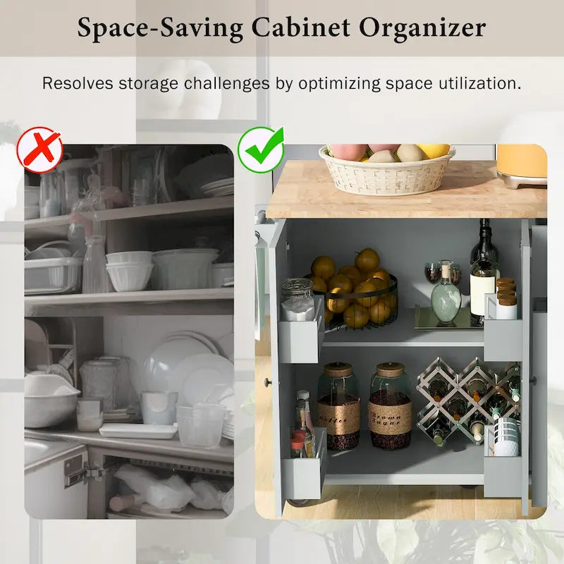 Rolling Kitchen Island with Drop Leaf, Storage Rack, Spice Rack and 3-Tier Pull-Out Cabinet Organizer