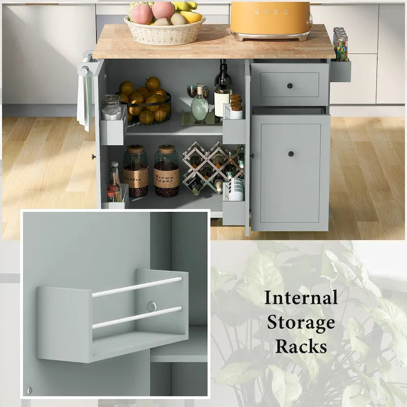 Rolling Kitchen Island with Drop Leaf, Storage Rack, Spice Rack and 3-Tier Pull-Out Cabinet Organizer