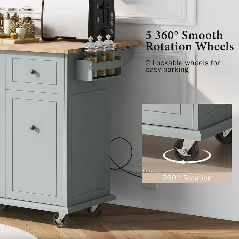 Rolling Kitchen Island with Drop Leaf, Storage Rack, Spice Rack and 3-Tier Pull-Out Cabinet Organizer