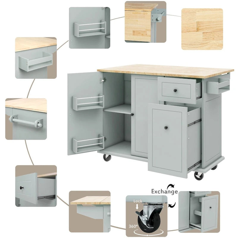 Rolling Kitchen Island with Drop Leaf, Storage Rack, Spice Rack and 3-Tier Pull-Out Cabinet Organizer